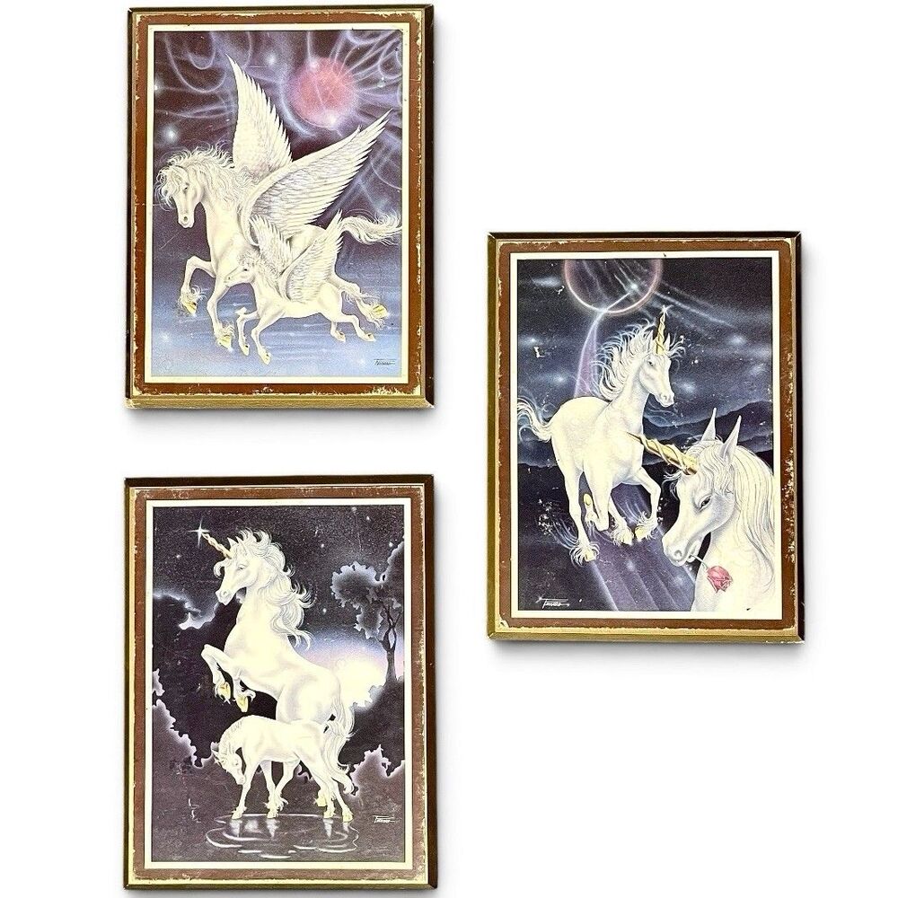 Vintage Unicorn Wall Art Lot of 3 Ferraro Fantasy Pegasus Celestial Wood Plaques